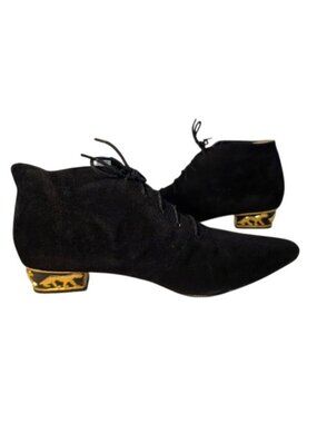 NOS Vintage 1994 Cervelle Black Suede Ankle Boots 9 Gold Panther Heels Lace Up
